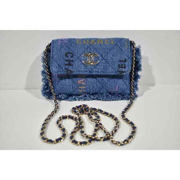 Chanel 22P Blue Denim Graffiti CC Logo Shoulder Crossbody Clutch Credit Card Bag - Picture 5 of 12